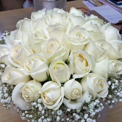 צרור ורדים לבנים + גיפסנית - פלורנס