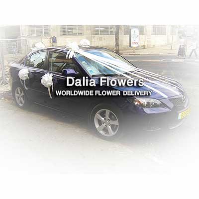 קישוט רכב מסרטים לבנים - פרחי דליה